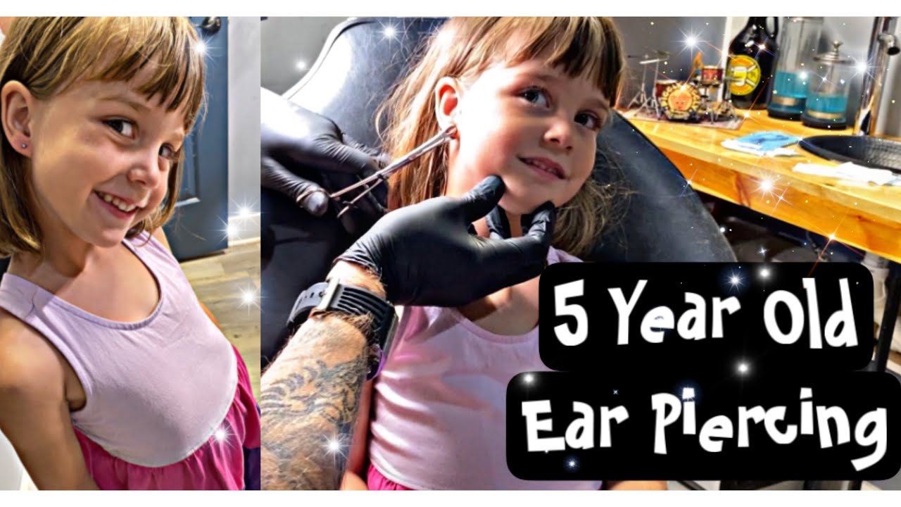 Kids Ear Piercing - 5 Year Olds Ears Pierced with Needle Professional Piercing Shop / Tattoo Parlor