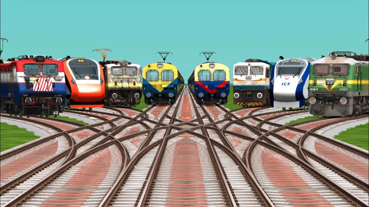 Eight Trains Railroad Crossing By Bumpy Railroad Tracks || Gaming Video || Train Simulator Classic 