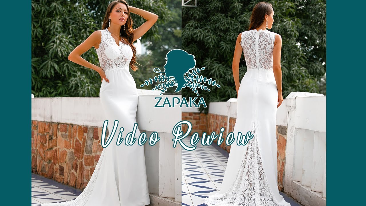 Mermaid V Neck White Long Wedding Party Dress with Lace | ZAPAKA