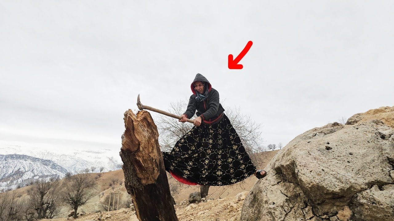 Heavy snowfall and Khadija gathering firewood to heat the hut for the children