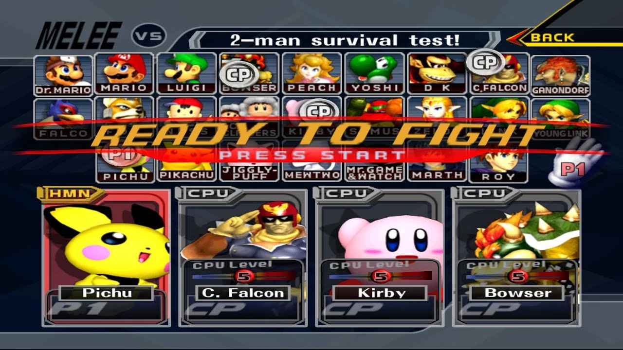Pichu VS C Falcon VS Kirby VS Bowser | 2 Lifes | Super Smash Bros Melee Fight 271