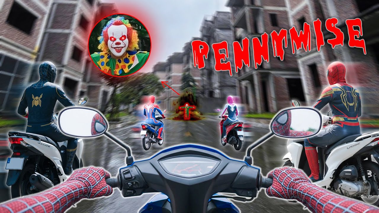 5 Spider-Men vs PENNYWISE on Motorbikes! Can We Escape This Nightmare? (Action POV)