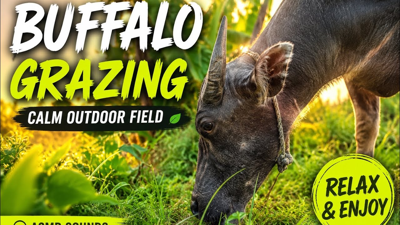 Close-Up Buffalo Grazing Quiet Morning Field | Nature ASMR #BuffaloGrazing #ASMRNatureSounds 