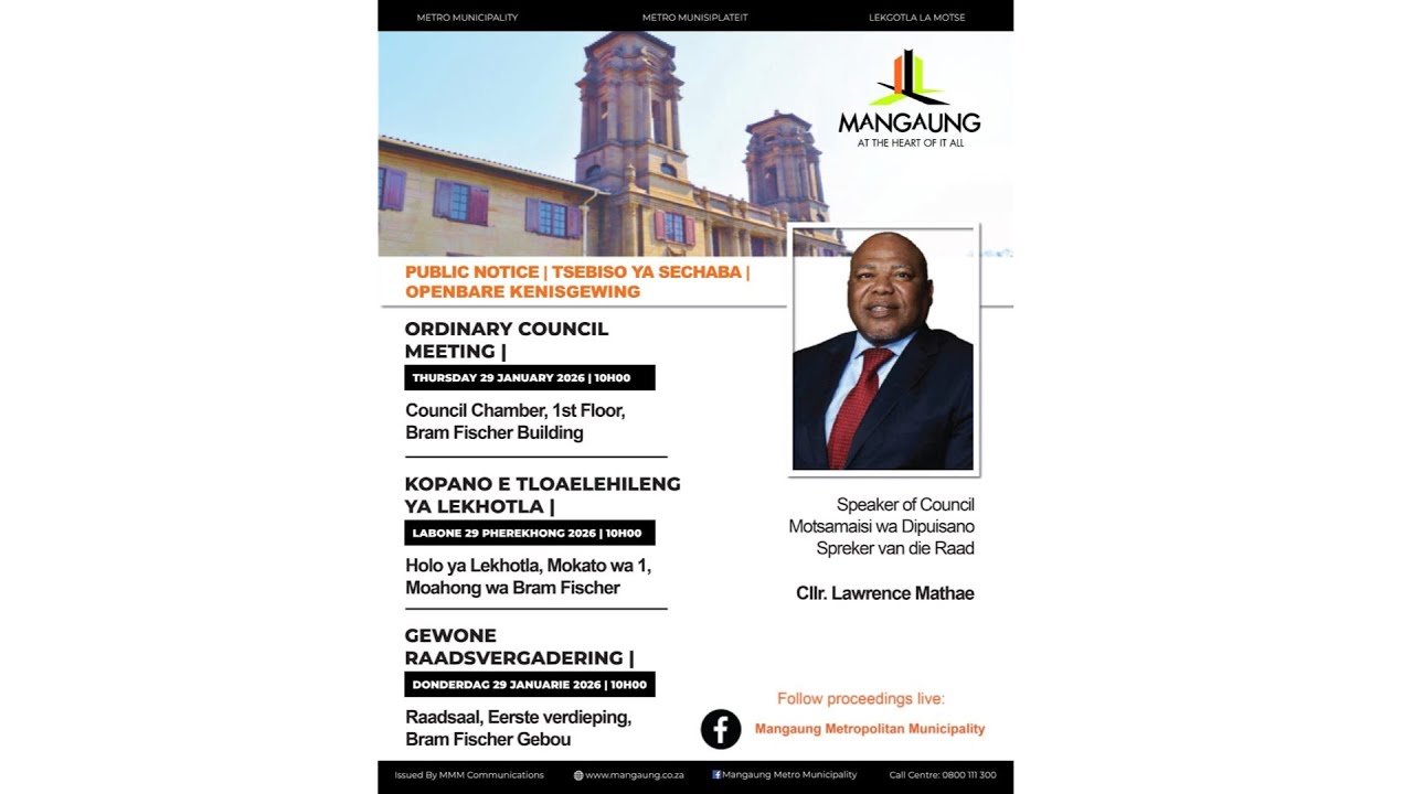 Mangaung Metropolitan Municipality  - Ordinary Council Meeting - Thursday 29 Jan 2026