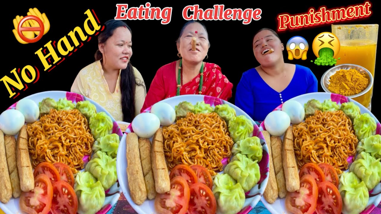 NO HANDS EATING CHALLENGE || SPICY CURRENT NOODLES,MO:MO AND BOILED EGGS EATING CHALLENGE