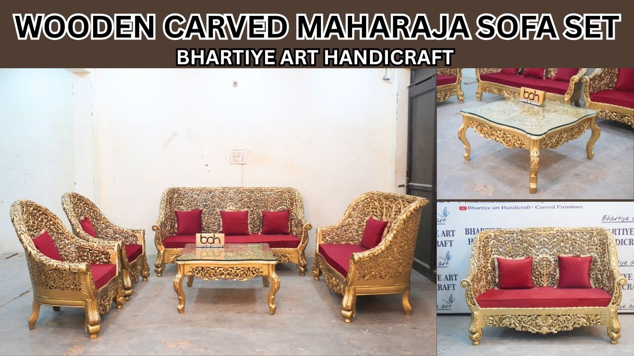 WOODEN CARVED MAHARAJA SOFA SET / DESIGN BY BHARTIYE ART HANDICRAFT #CARVEDSOFA #teakwood #furniture