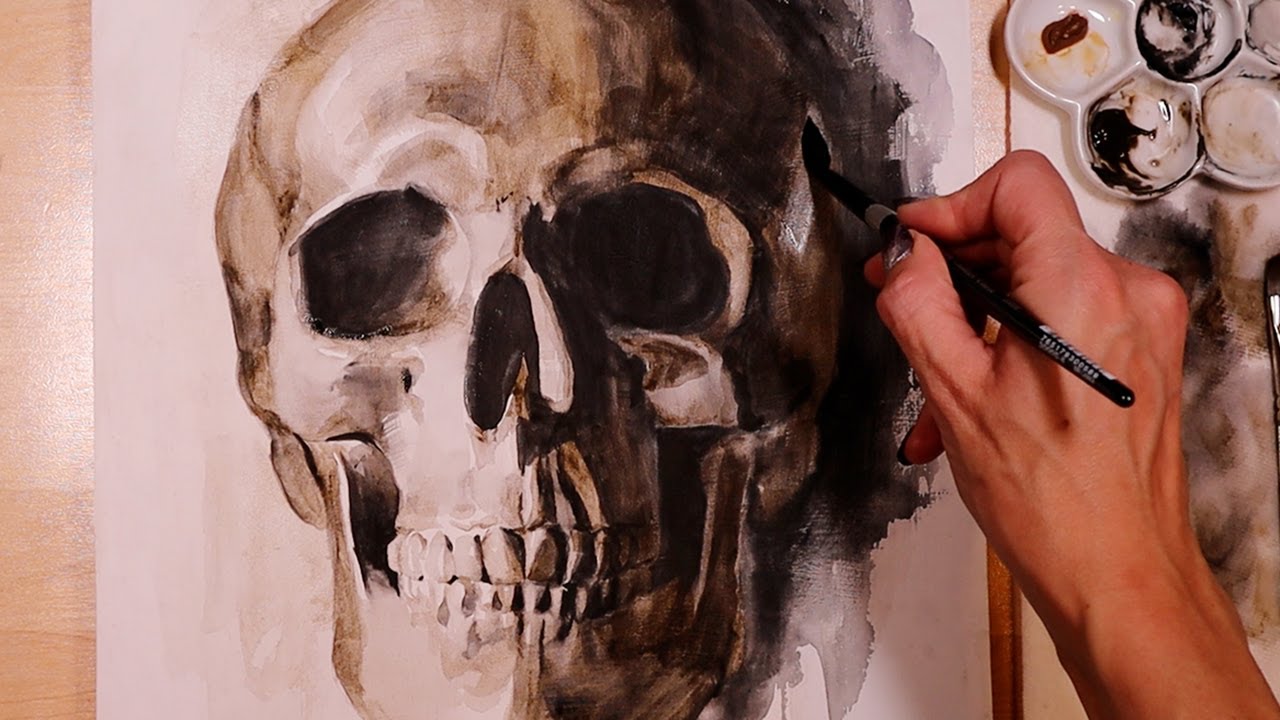Watercolor Human Skull Painting With Daniel Smith Tigers Eye Genuine