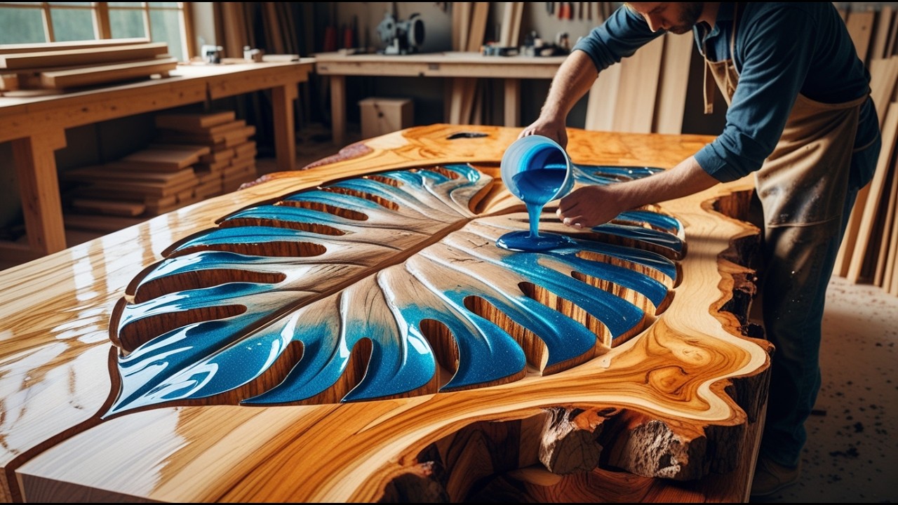 Wood and Epoxy Coffee Table; Gorgeous Monstera Leaf Inlay - Epoxy | Unique Interior Masterpiece