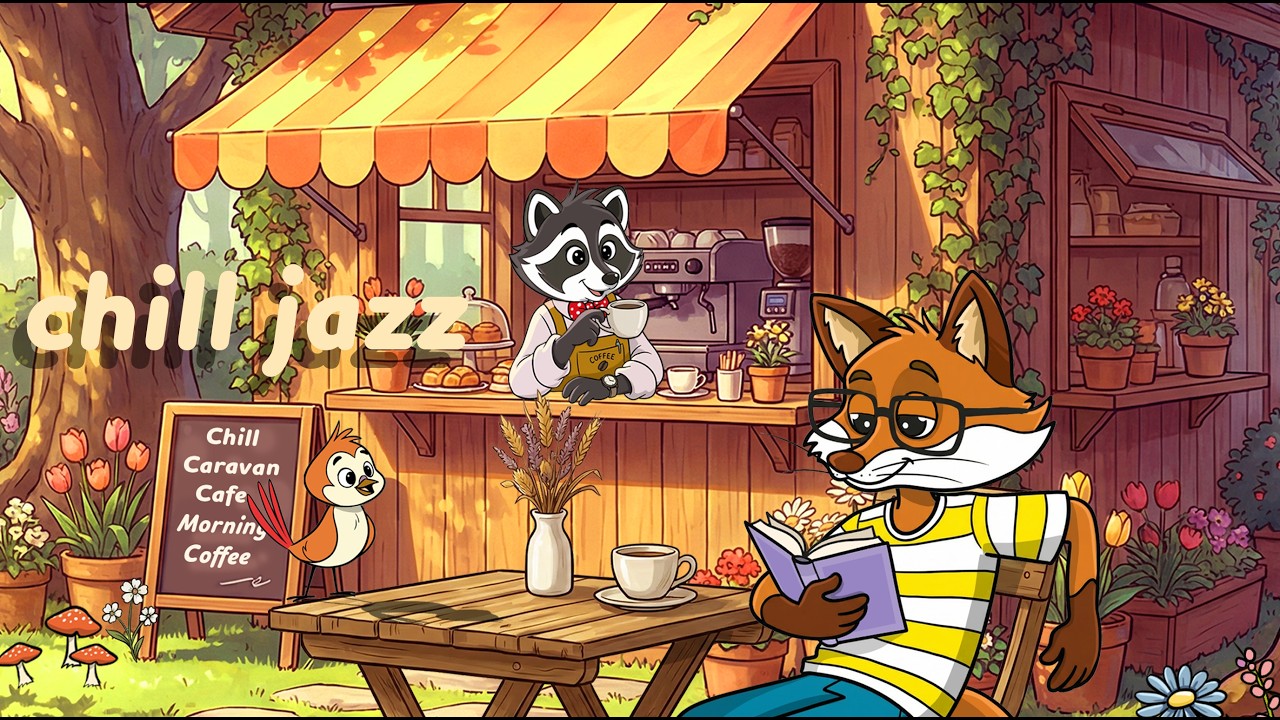 A beautiful day. Coffee, books, and jazz music at a forest cafe.