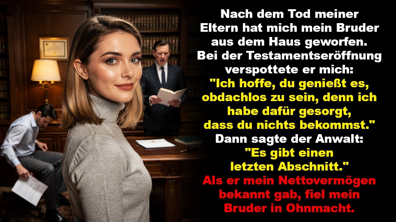 Nach dem Tod meiner Eltern hat mich mein Bruder aus dem Haus geworfen. Bei der Testamentseröffnung …