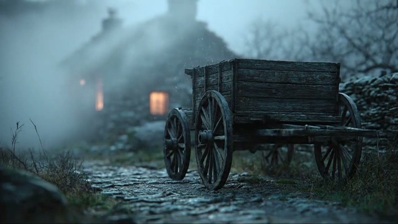 Rustic Wooden Cart On Cobblestone Path By Warm Medieval Cottage