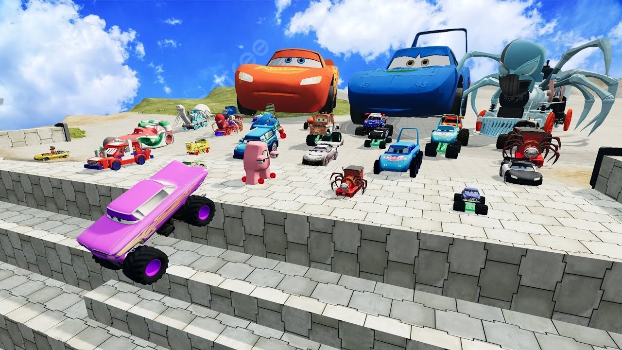 PIXAR CAR vs Big & Small McQueen, Tow Mater vs King Dinoco, Doc Hudson vs STAIR - BeamNG.Drive