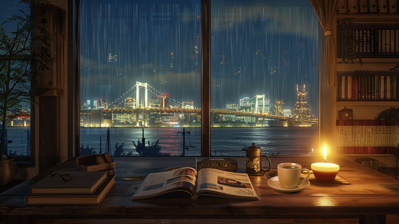 Cozy Night Jazz Piano in Yokohama Bay Bridge ☕ Soothing Jazz by Rainy Harbor for Focus & Rest