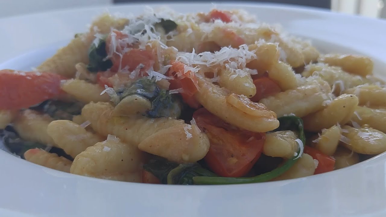 Homemade Cavatelli, Tomatoes, Spinach White Wine Butter Sauce.  Great for Vegetarians! How to Recipe