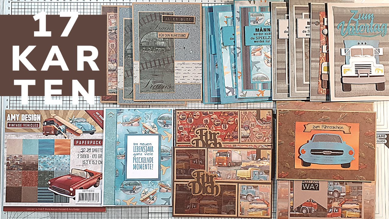 17 Karten 1 Block | Amy Design Vintage Vehicles | Maskuline Karten