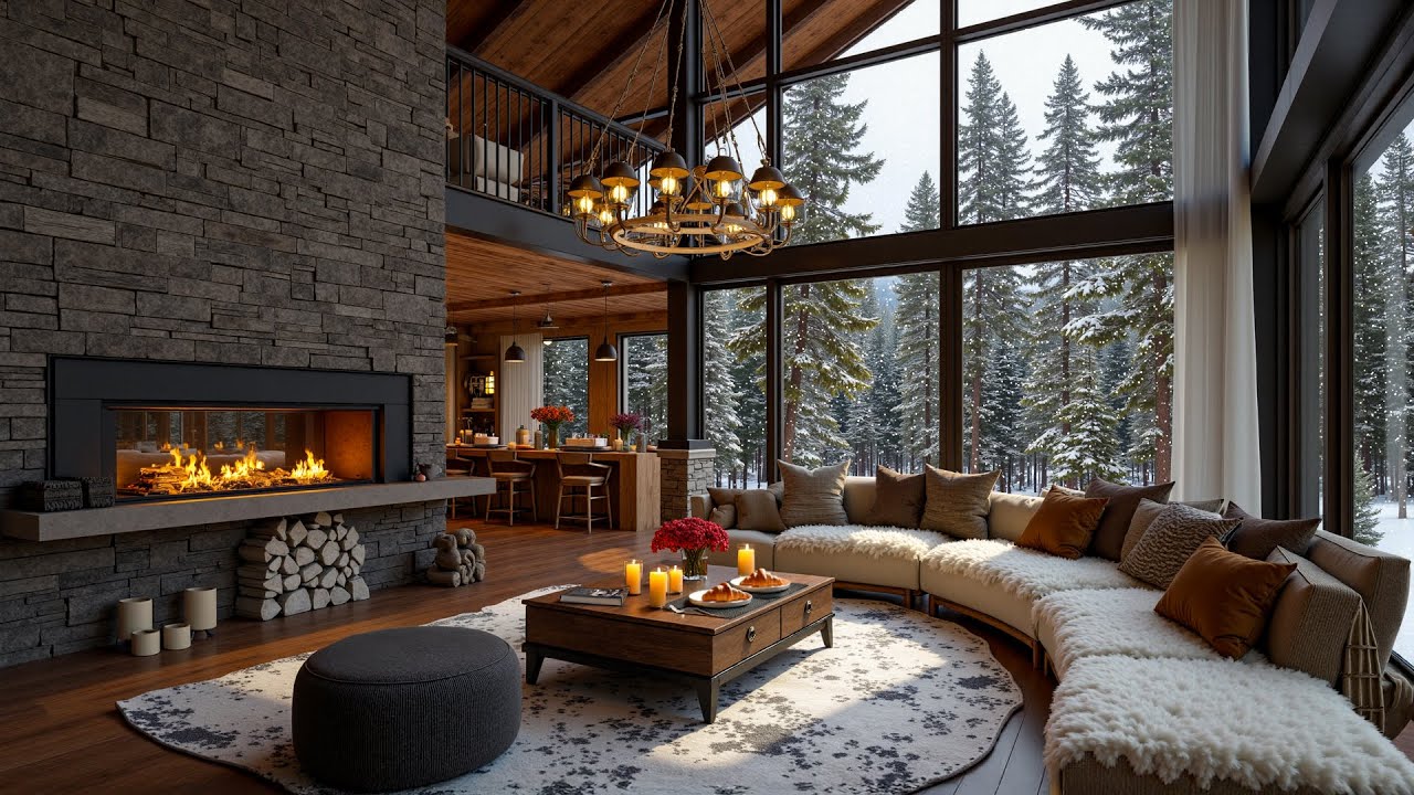 A Cabin That Keeps Winter Outside ❄️ Fireplace Jazz Flowing Through a Silent Snowy Night