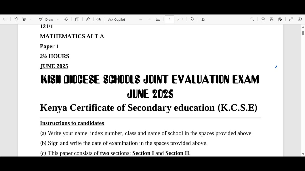 KISII DIOCESE SCHOOLS JOINT EXAMINATION: MATHEMATICS PAPER 1 SECTION 1