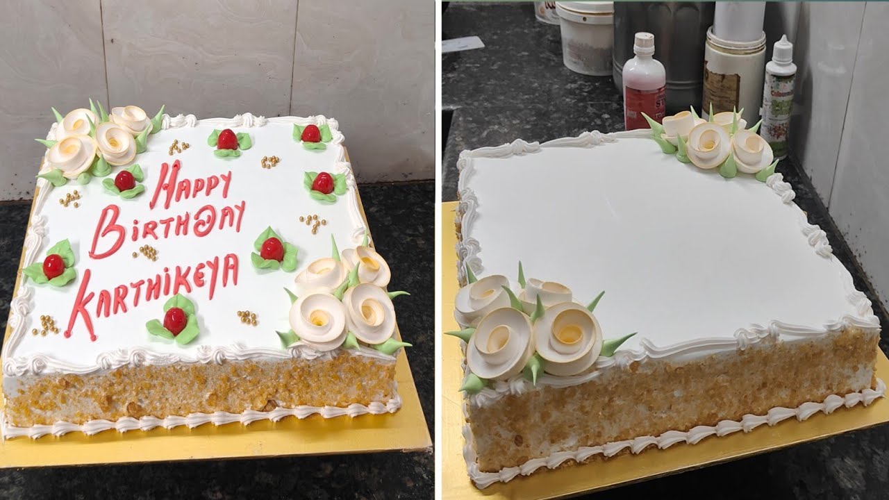 4kg Square Shape Butter Scotch Flavour Birthday Cake Flower Decorating|Simple Square Birthday Cake 