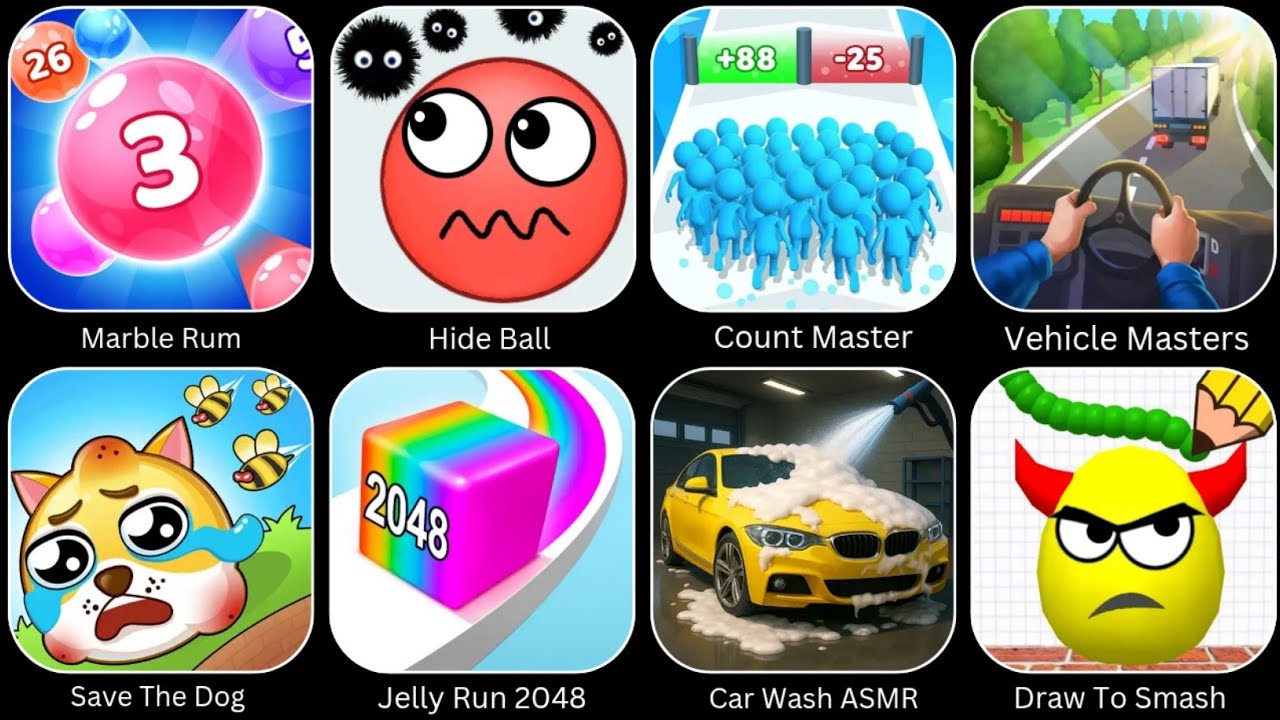 Draw To Smash, Hide Ball, Car Wash ASMR, Marble Run, Count Master, Jelly Run 2048,Vehicle Masters...