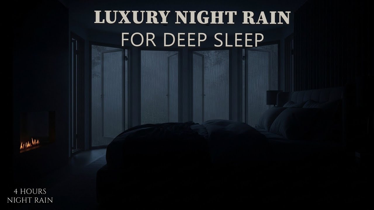 4 Hours of Gentle Night Rain & Fireplace Sounds | Dark Luxury Bedroom for Restful Sleep (No Thunder)