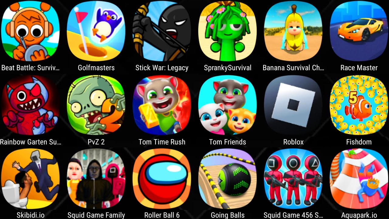 Roblox,Fishdom,Squid Game 456,Aquapark.io,Race Master 3D,Tom Time Rush,Plants Vs Zombies 2,Skibidi.i