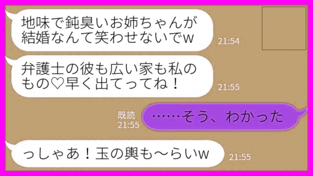 【LINE】弁護士の婚約者と5LDKの新築一軒家で暮らす私を寄生虫と勘違いして追い出した妹「私が住むからお姉ちゃんは出てって！」私「そう、わかった」→浮かれた妹が同棲初日を迎えた結果www