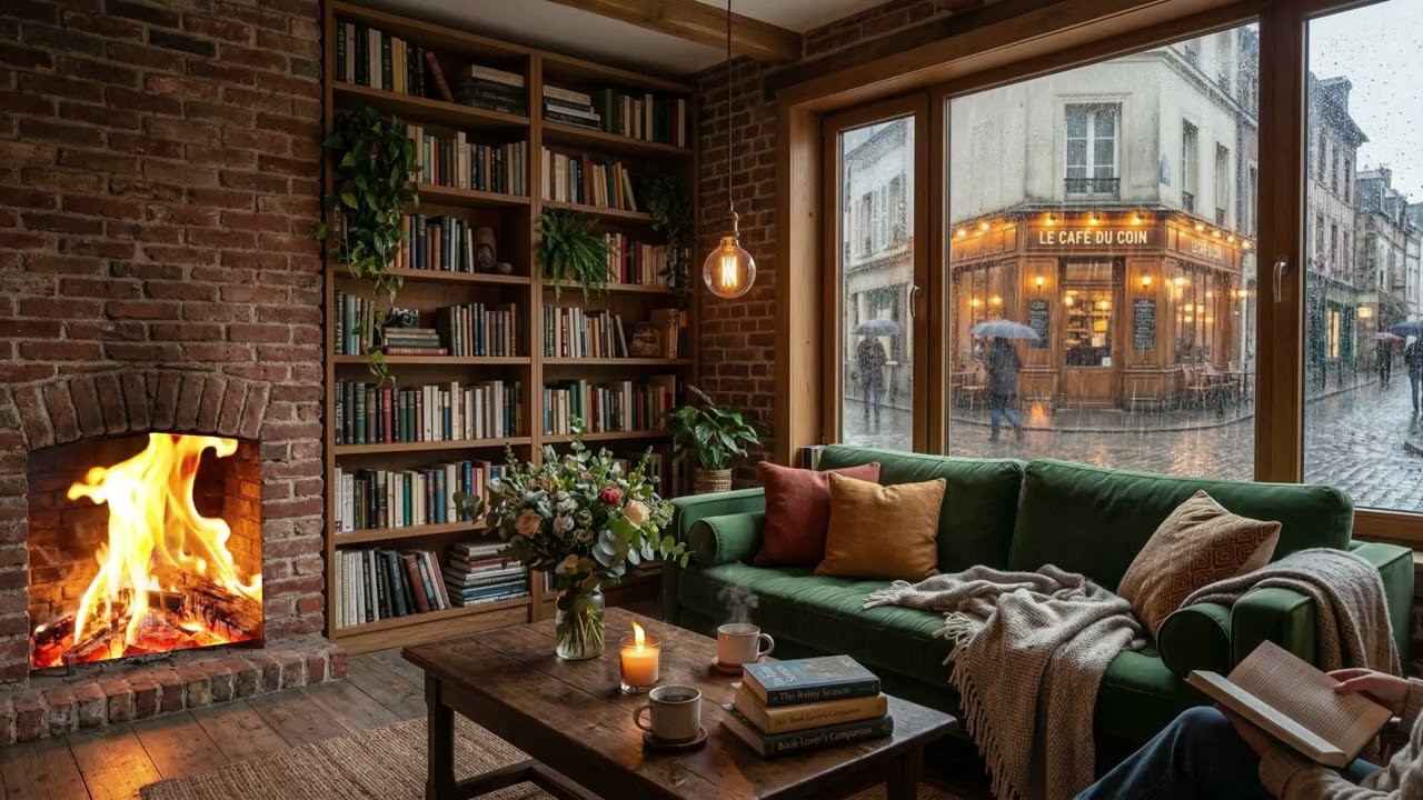 Peaceful Rainy Café Street ☕ Jazz Piano & Fireplace Ambience for Study and Focus