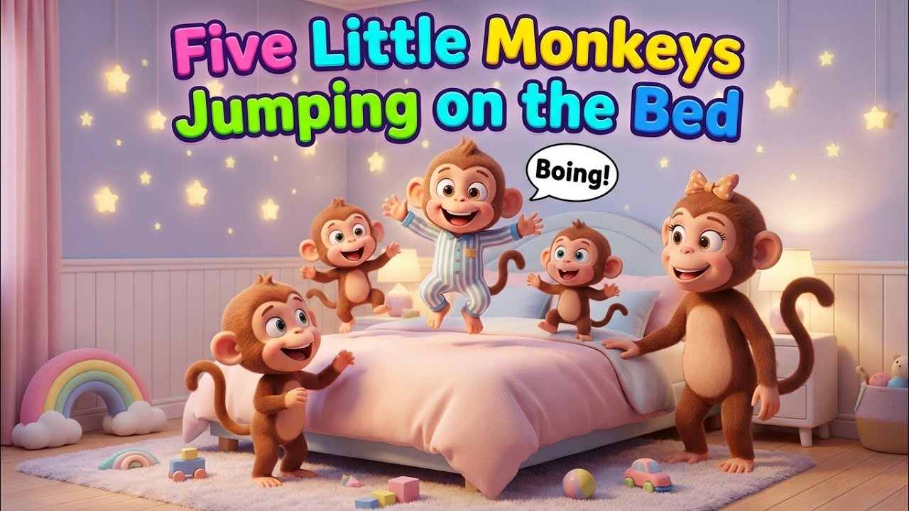 Five Little Monkeys Jumping Fun!A Five Little Pups Rhyme#trending