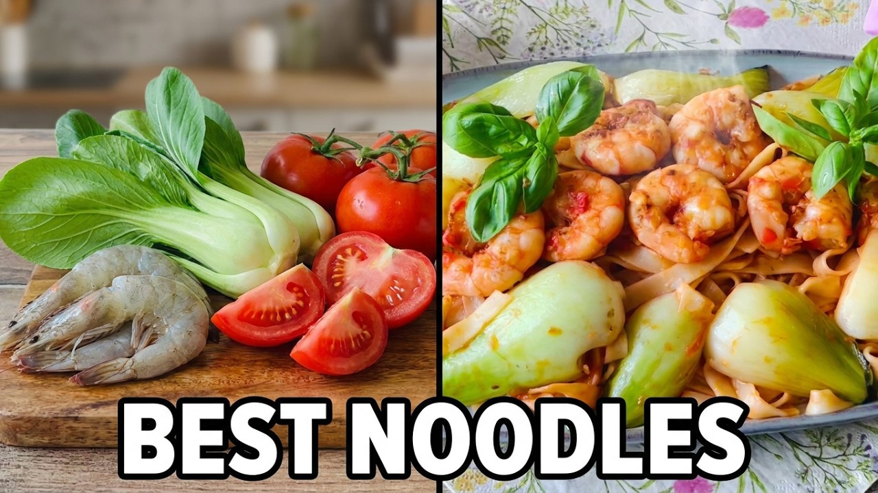 How to make stir-fried noodles with shrimp, bok choy and fresh, delicious tomato sauce 🫶 🧡.