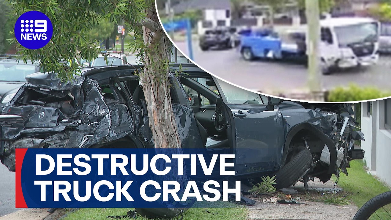 Trail of destruction as concrete truck smashes into multiple cars | 9 News Australia