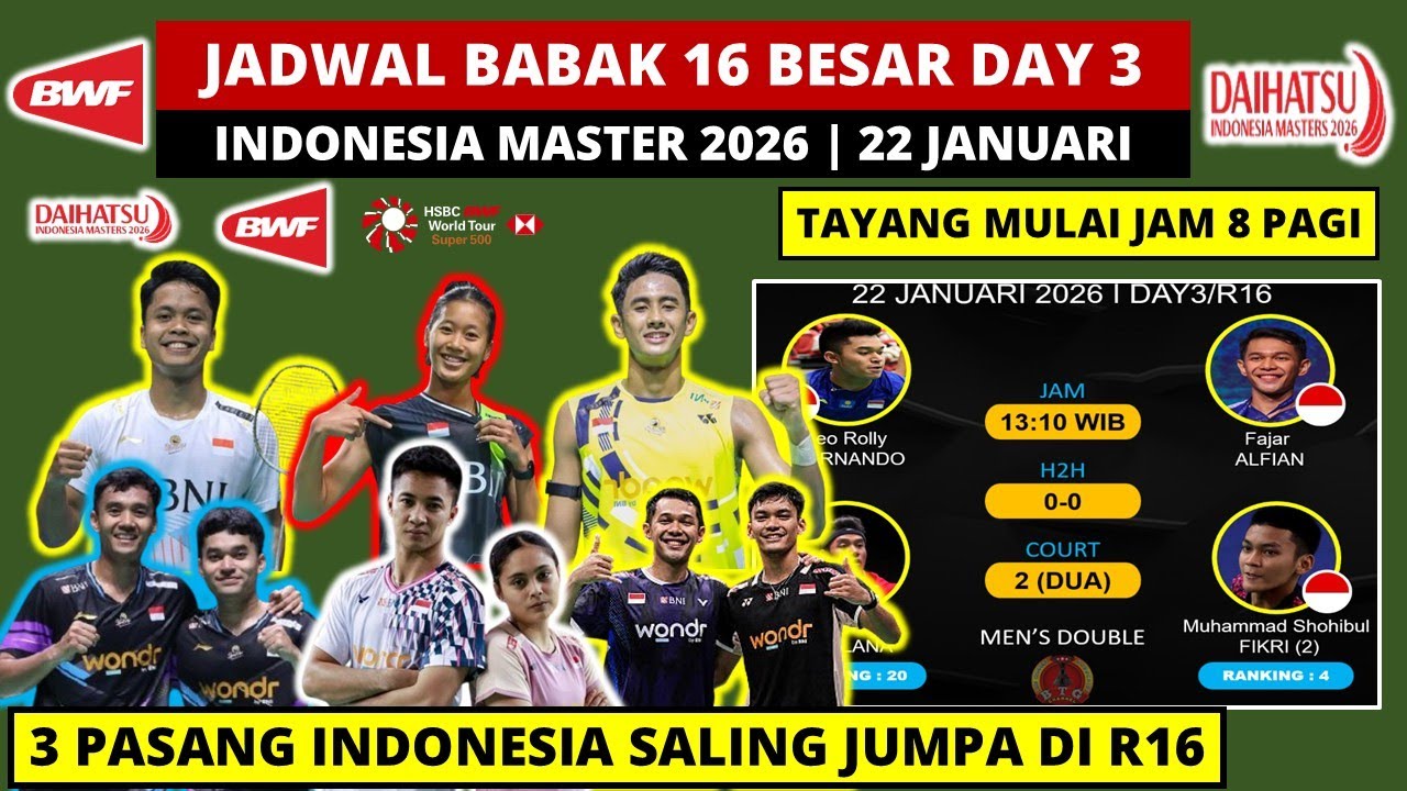 Jadwal Indonesia Master 2026 Day 3 Hari ini: 3 Pasang Indonesia Saling Jumpa | Jam 8 Pagi LIVE BWFTV