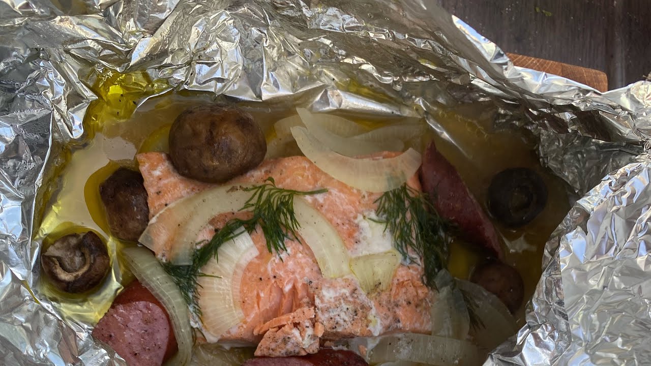 Salmon and shrimp foil packs on the nomad grills