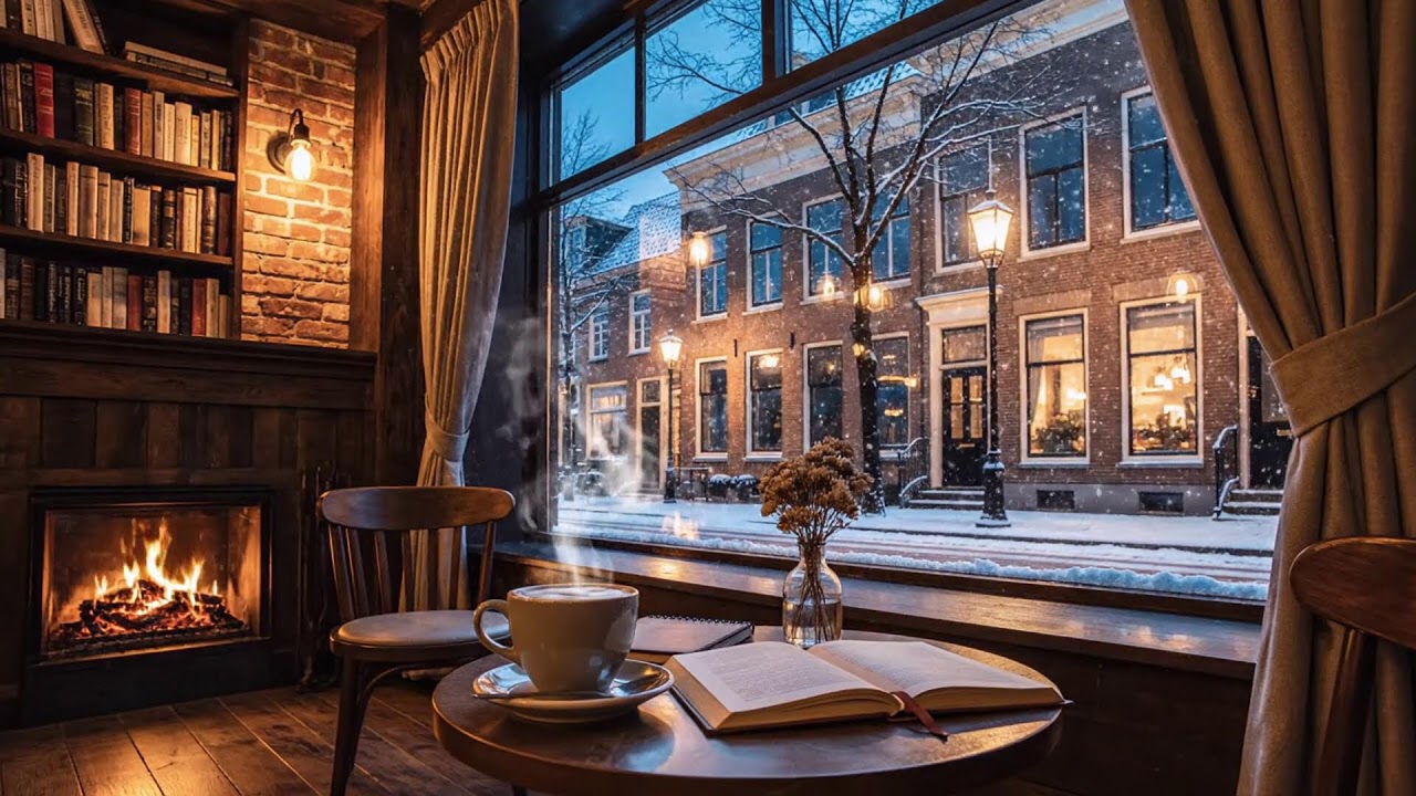 Cozy Winter Café with Falling Snow ~ Gentle Jazz Piano and Fireplace Sounds For Relax