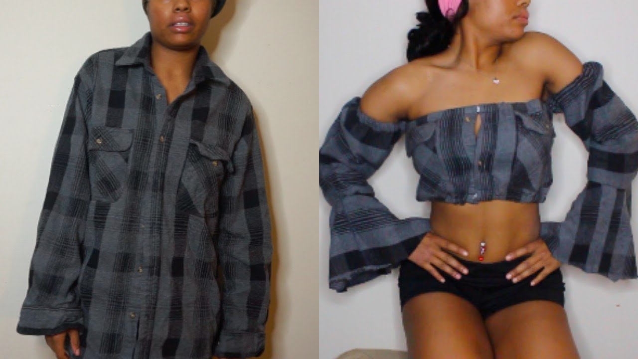 THRIFTED TRANSFORMATIONS | OVERSIZED FLANNEL TO OFF THE SHOULDER CROP TOP