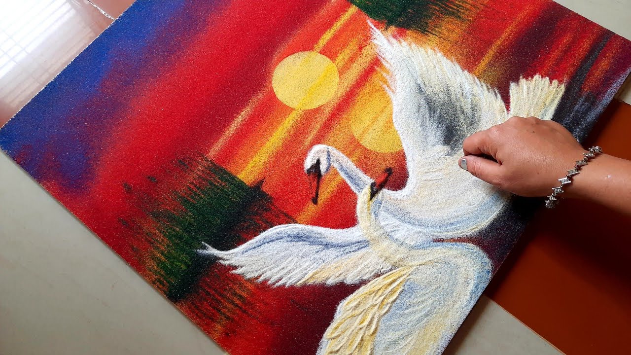 Scenery Poster Rangoli of Hans for Navratri ,Unique Creative Beautiful Rangoli Designs /Bird Rangoli