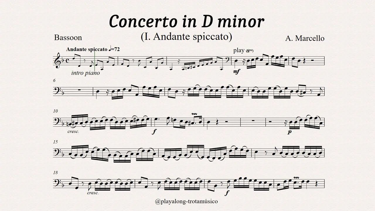 Marcello - Concerto in D minor (I Andante spiccato) for Bassoon and Piano - Sheet music & Playalong