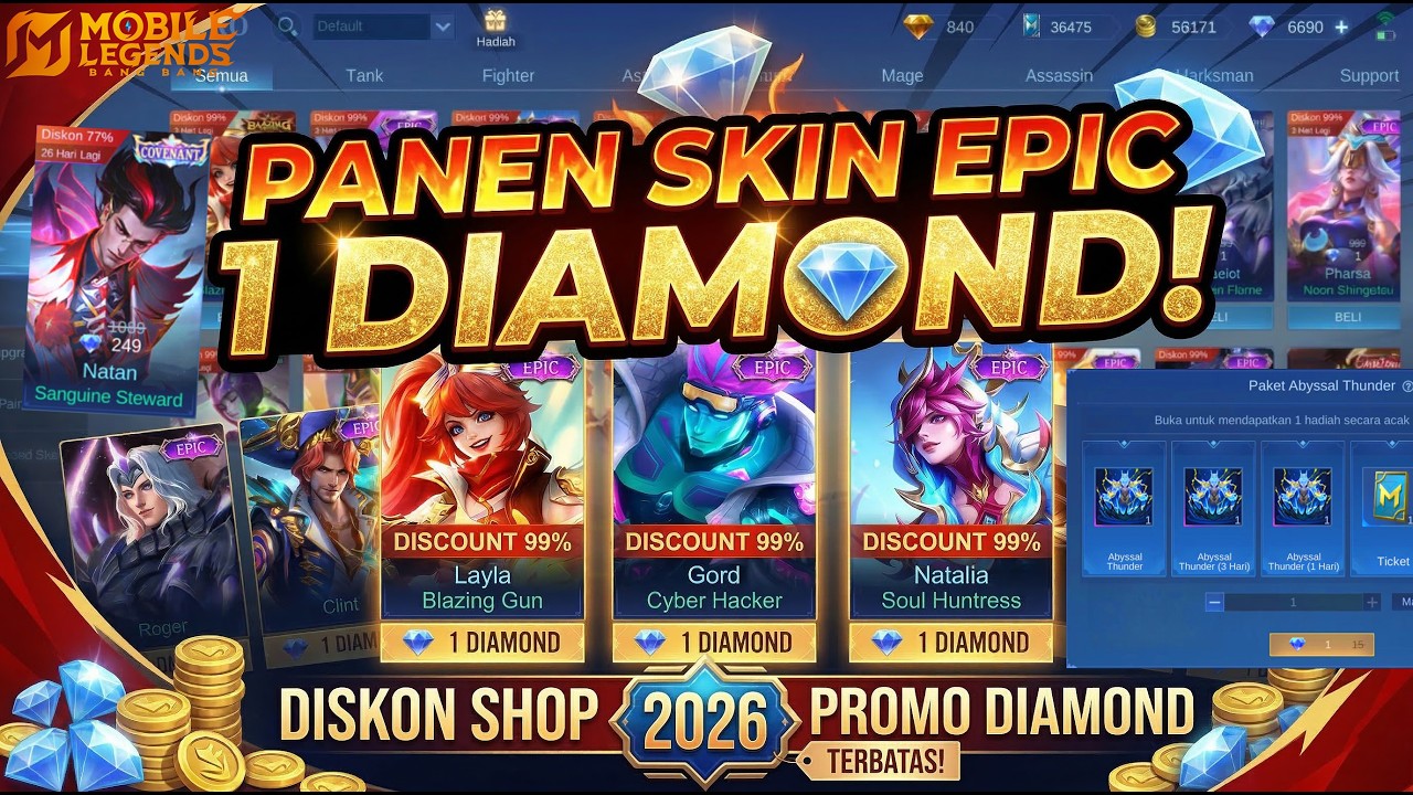 DISKON SHOP PROMO DIAMOND 2026 HINGGA 50 %, PANEN SKIN EPIC 1 DIAMOND & BISA GACHA RECALL KAKEK ZEUS