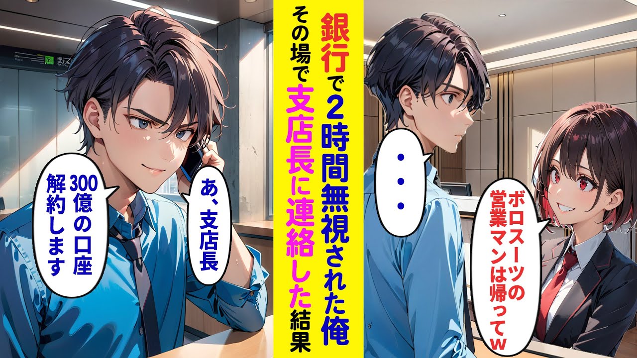 【漫画】銀行窓口で貧乏人と見下され2時間無視された俺「ボロスーツの営業マンの預金は必要ないわ。早く帰ってｗ」→すぐに支店長に連絡し300億の法人口座を解約した結果…【ラブコメ】