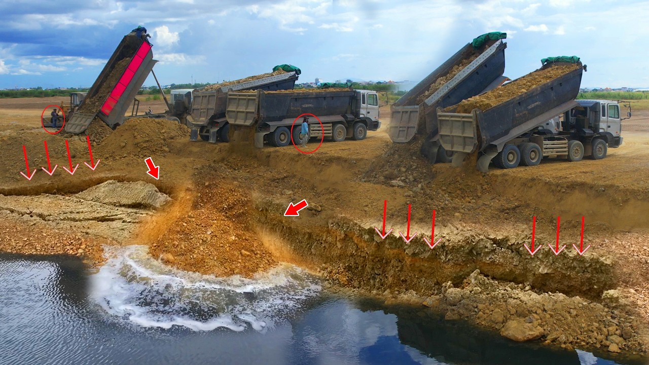 Nice Us Skill Big Bulldozer Komatsu Technique Push Stone And DumpTruck Delivery Stone Filling Lake