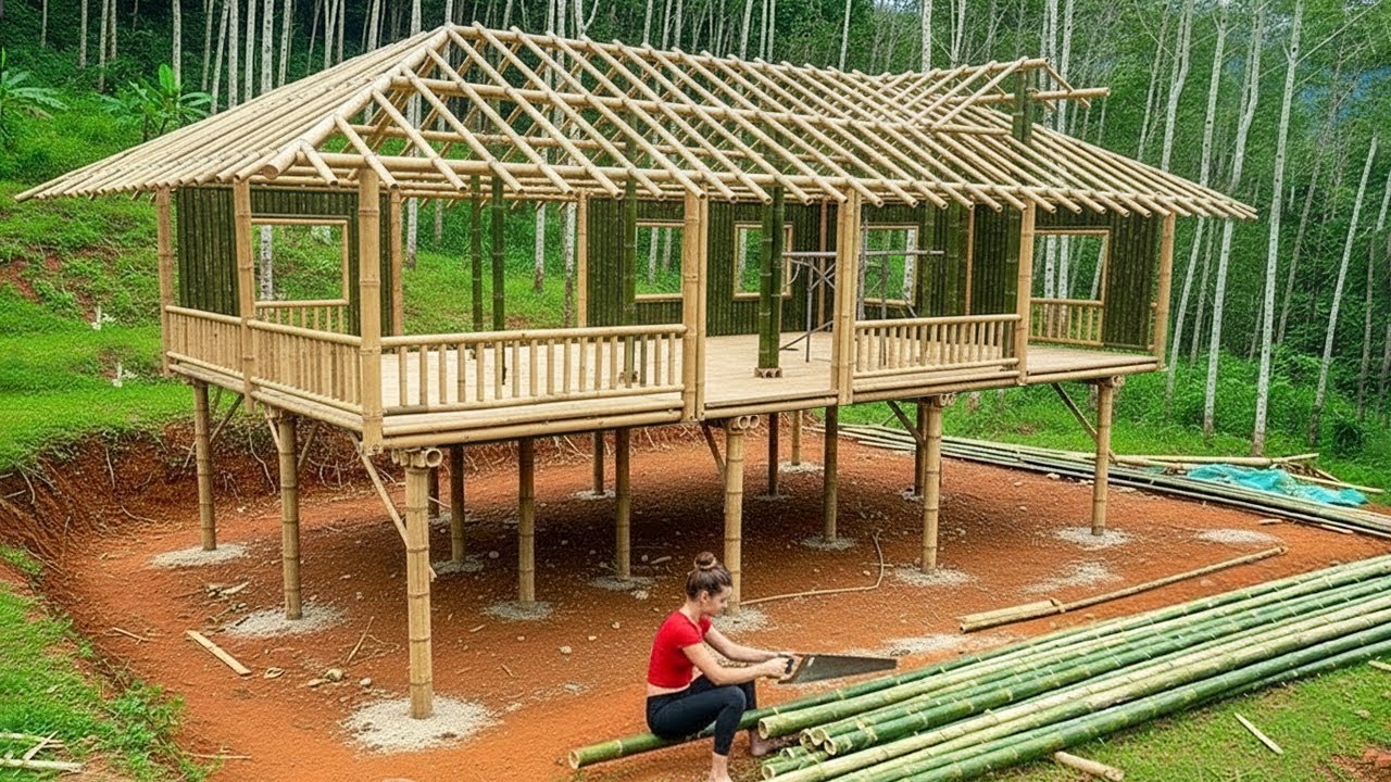 Timelapse: Young Girl Alone Completes a Beautiful Bamboo House From Start to Finish