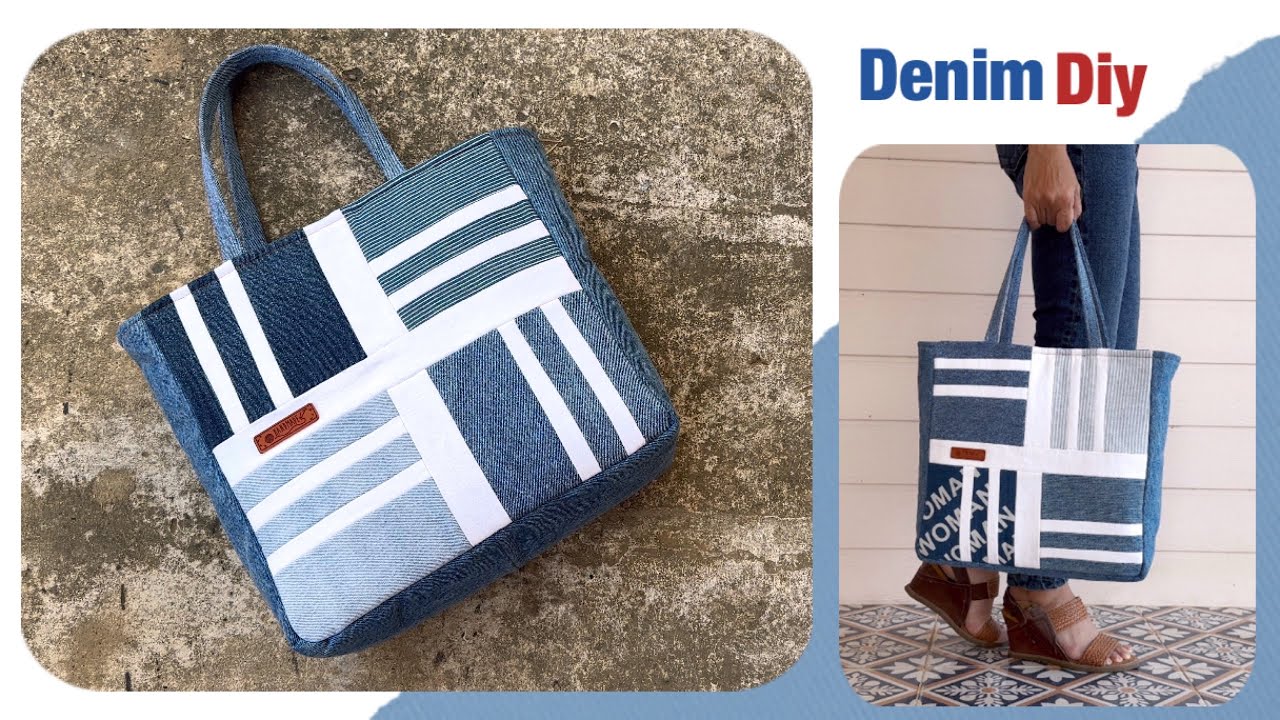 how to sew denim tote bag with zipper tutorial, denim sewing tutorial, diy patchwork tote bag.