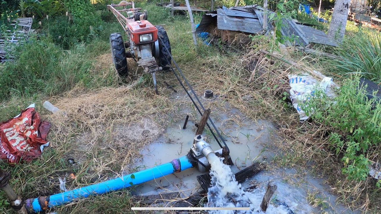 ตั้งเครื่องสูบน้ำบาดาลด้วยรถไถเดินตามyanmarกับปั๊มรอน้ำ Pumping groundwater