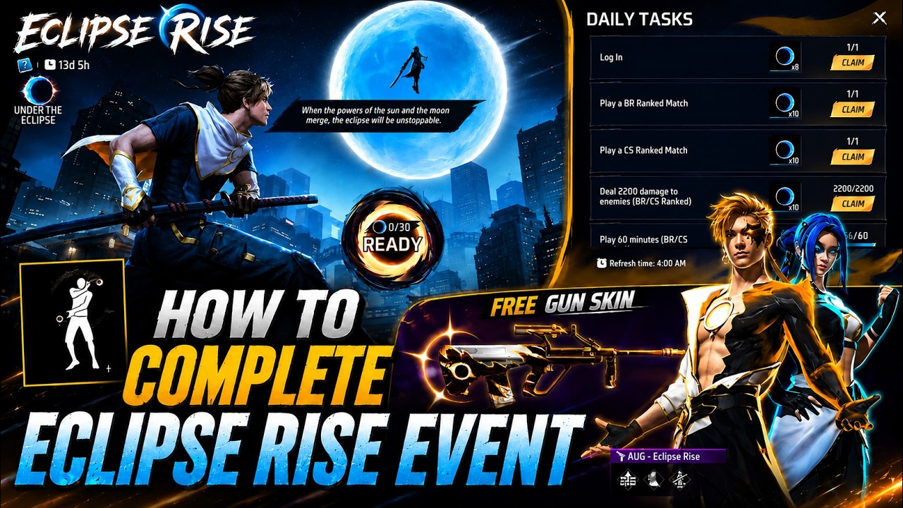 How to Complete Eclipse Rise Event 🥰🔥| Free Gun Skin+ Emote 🤯| Upcoming Events in Free Fire