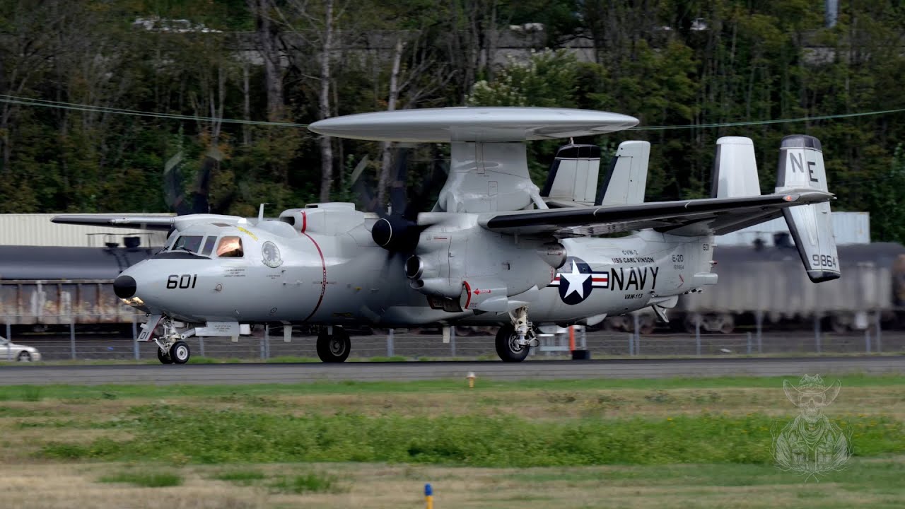 Two U.S. Navy E-2D Advanced Hawkeye Powerful Takeoffs From Boeing Field