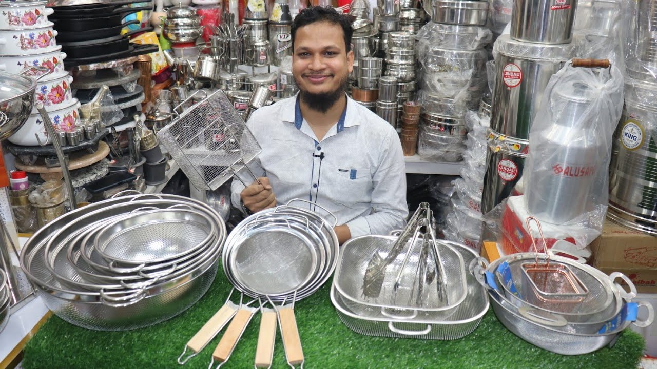 বিভিন্ন সাইজের SS এর চালনি ও ছাকনি,ডিপ ফ্রাইয়ের চালনি,চিমটা ইত্যাদি//SS Strainer, Deep Fry Strainer