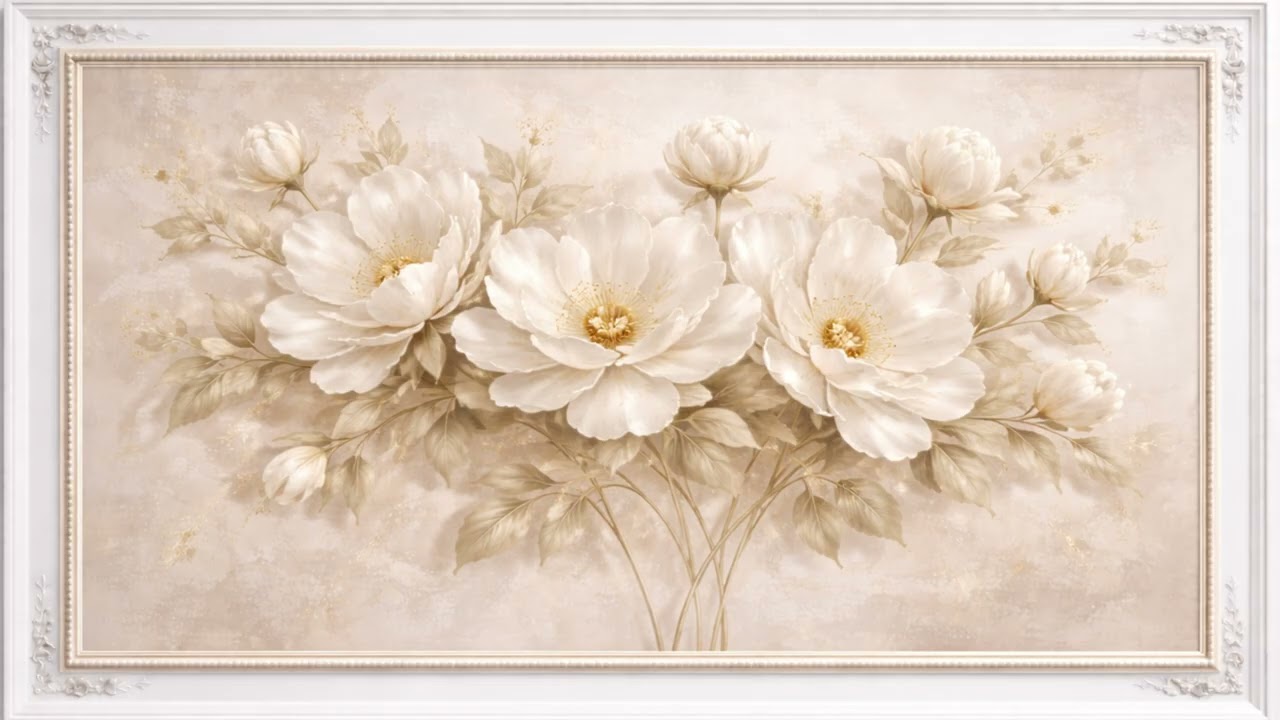 Neutral Beige Floral Wall Art 4K | Elegant Cream Peony TV Art Display Luxury Decor