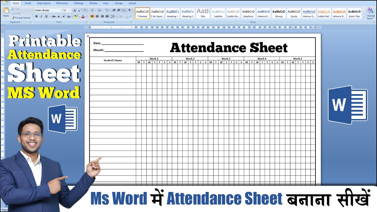 How to Make Printable Attendance Sheet in MS Word Hindi Tutorial | Ms Word Design Tutorial