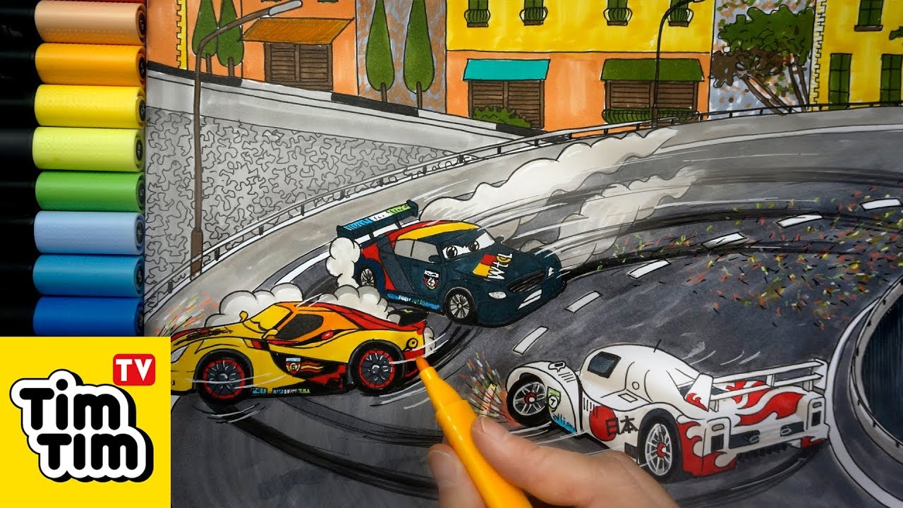 How to draw Max Schnell, Shu & Miguel Crash at Porto Corsa (3) Cars 2 step-by-step coloring pages