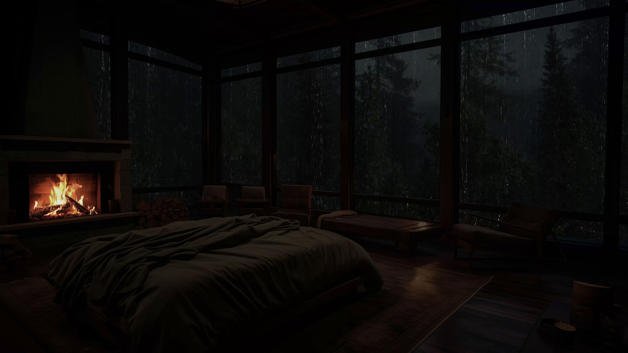 Cabana aconchegante com lareira, chuva tropical e sons naturais para dormir bem