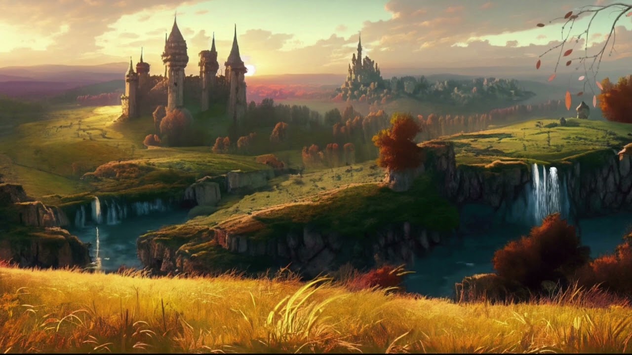 Autumn Meadow Sunset with a Castle View | Fantasy ASMR | Birdsong | Waterfall